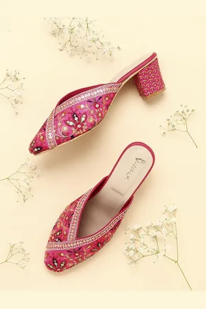 V-WALK Women Floral Embroidered Ethnic Block Heel Mules