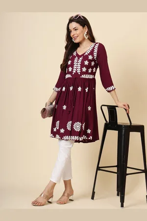 HERE&NOW Floral Embroidered Thread Work Angrakha Anarkali Kurti