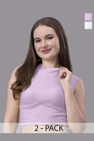 Friskers Women Pack of 2 Cotton High Neck Sleeveless Crop Top