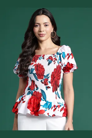 DressBerry Floral Print Puff Sleeve Crepe Peplum Top