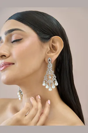 Fida Premium 14k Rhodium-Plated AAA American Diamond Pearls Chandbalis