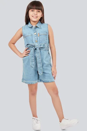 OLELÉ Girls Shirt Collar Bright White Cotton Denim Romper