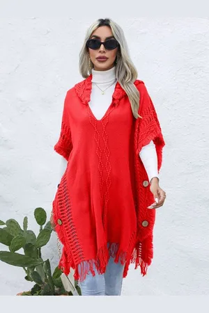 LULU & SKY Women Longline Self Design Hooded Short Sleeves Casual Poncho