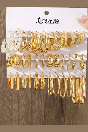 Jewels Galaxy Set Of 18 Gold Plated Pearl Beaded Contemporary Half Hoop Earrings