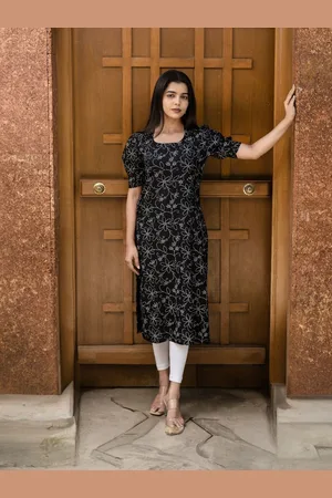 Hay Floral Embroidered Thread Work Scoop Neck Puff Sleeves Straight Kurta
