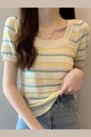 Stylecast Women Square Neck Short Sleeves Striped Top