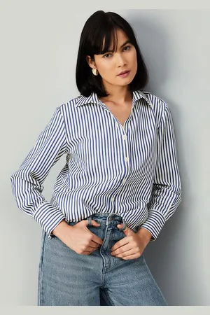 Max Collection Women Spread Collar Vertical Striped Casual Shirt