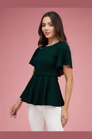 Miss Chase Women Round Neck Short Sleeves Belted PeplumTop