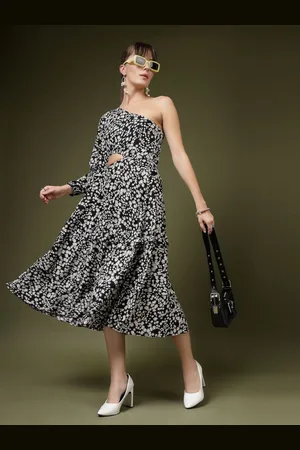 OOMPH Women Floral Printed Cold-Shoulder Crepe A-Line Midi Dress