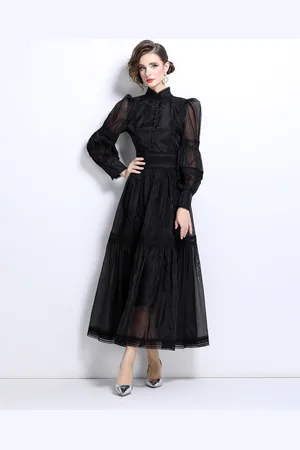 JC Collection Women Mandarin Collar Long Cuffed Sleeves Maxi Dress