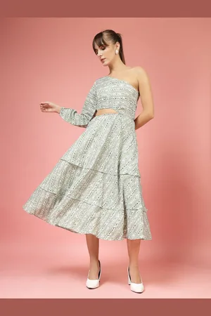 OOMPH Women Floral Printed One Shoulder Fit & Flare Midi Dress