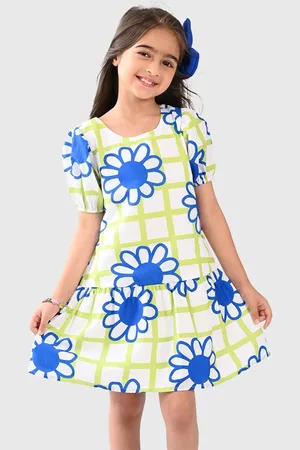 BONKIDS Girls Floral Checked Printed Puff Sleeve Drop -Waist Dress