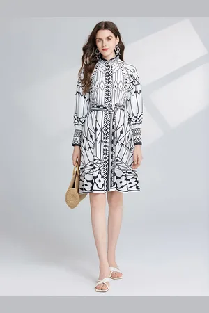 JC Collection Women Abstract Printed Long Cuffed Sleeves Above Knee Shirt Dress
