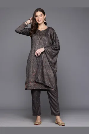 Cayman Ethnic Motifs Printed Beads & Stones Pure Wool Kurta With Trousers & Dupatta