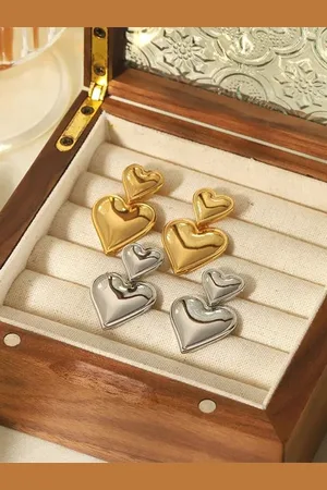 DIVASTRI Set of 2 Gold & Silver-Plated Stainless Steel Heart Shaped Drop Earrings