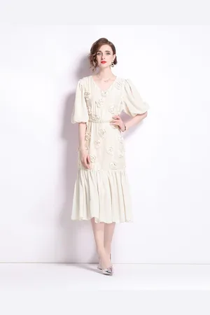 JC Collection Women Floral Applique Work Puffed Sleeve A-Line Midi Dress