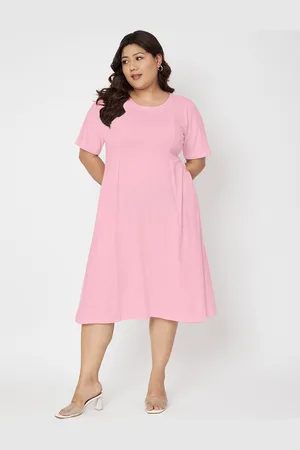 BRINN Plus Size Pure Cotton Round Neck Short Sleeves A-Line Midi Dress