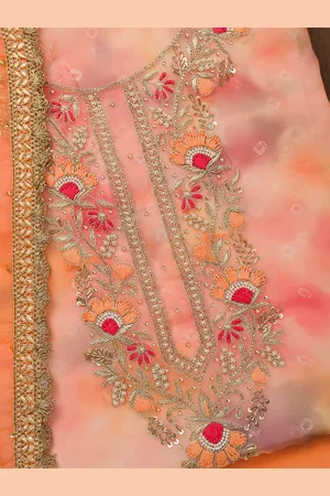 Koskii Floral Embroidered Zari Work Organza Unstitched Dress Material