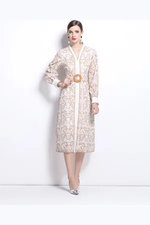 JC Collection Women Printed Cuffed Sleeves A-Line Midi Dress