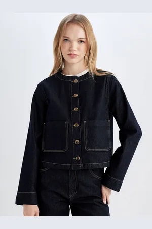 DeFacto Women Striped Crop Denim Jacket with Patchwork