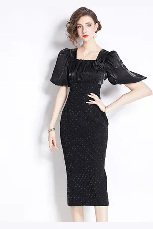 JC Collection Women Polka Dot Printed Puff Sleeve Bodycon Midi Dress