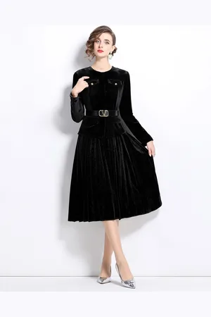 JC Collection Women Round Neck Long Sleeves A-Line Midi Dress