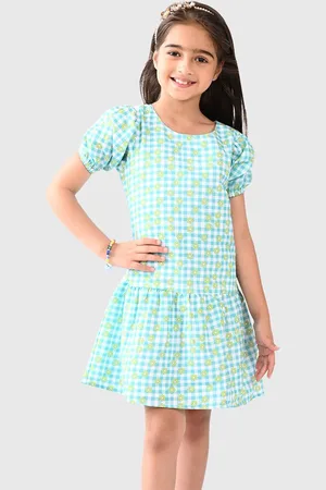 BONKIDS Girls Checked Puff Sleeve Cotton Drop-Waist Dress