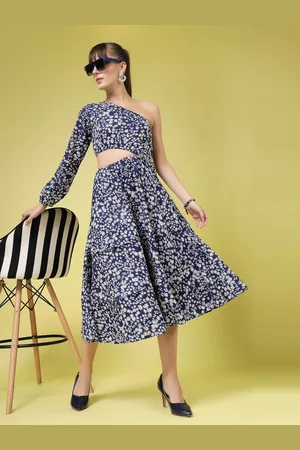OOMPH Women Floral Printed One Shoulder Crepe Fit - Flare Midi Dress