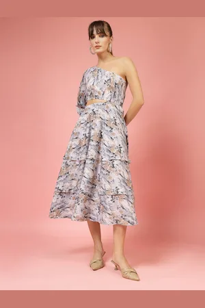 OOMPH Women Abstract Print One-Shoulder Crepe Fit - Flare Midi Dress