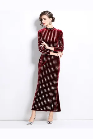 JC Collection Women Embellished Mock Neck Long Sleeves Sheath Maxi Dress