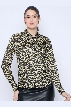 Color Cocktail Women Spread Collar Animal Printed Satin Casual Shirt