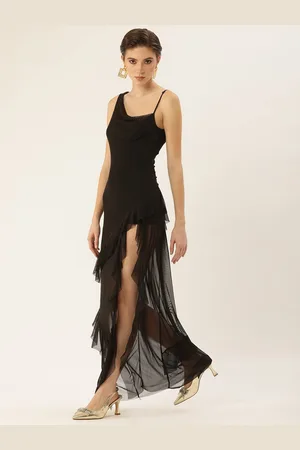 Bebe Ruffled Net Maxi Dress With High Slit