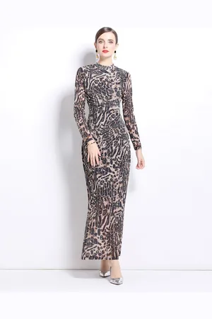 JC Collection Women Printed Mock Neck Long Sleeves Sheath Maxi Dress
