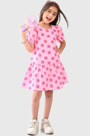 BONKIDS Girls Floral Printed Cotton Drop-Waist Dress