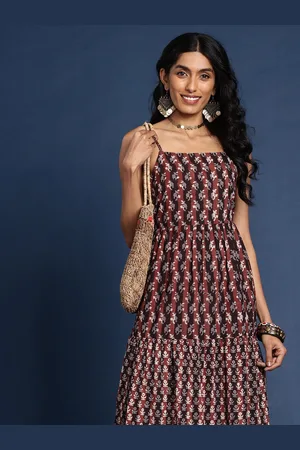Taavi Dabu Printed Fit and Flared Pure Cotton Midi Ethnic Dresses With Cut-Out Detail