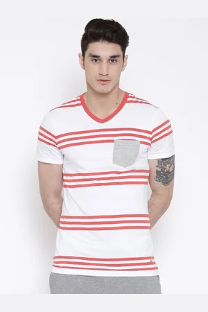 Benetton Men White Striped V-Neck T-shirt
