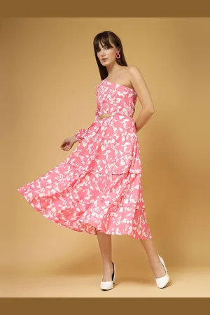 OOMPH Women Floral Printed One Shoulder Fit and Flare Midi Dress