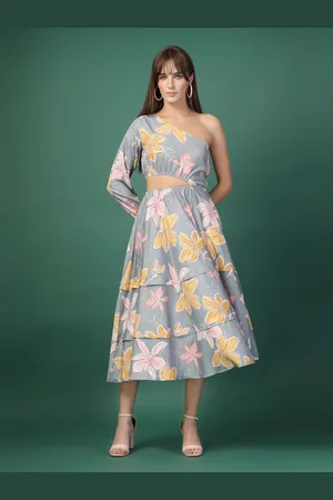 OOMPH Women Floral Printed One Shoulder A-Line Midi Dress