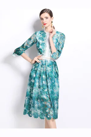 JC Collection Women Floral Printed Lace Details Fit & Flare Knee Length Dress With Belt