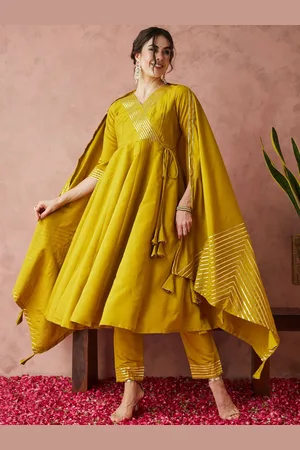 RAJGRANTH Yoke Design Angrakha Gotta Patti Silk Anarkali Kurta With Trousers & Dupatta