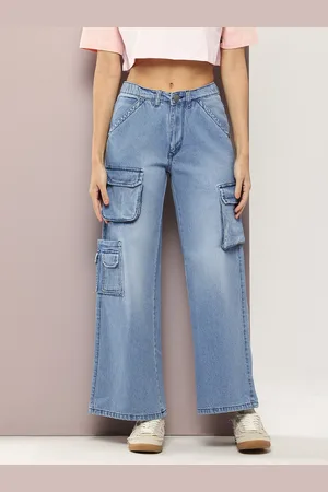 Kook N Keech Women Light Fade Pure Cotton Cargo Jeans
