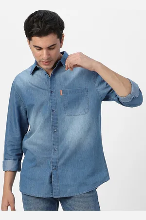 URBANO Men Spread Collar Solid Denim Casual Shirt