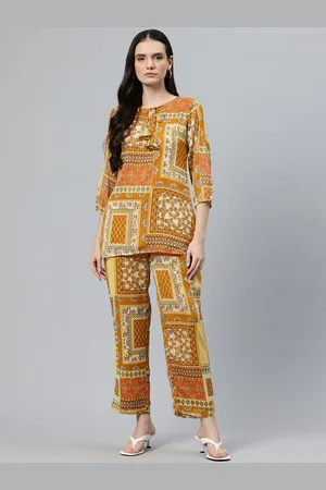 Cottinfab Women Printed Tie-Up Neck Top with Trousers