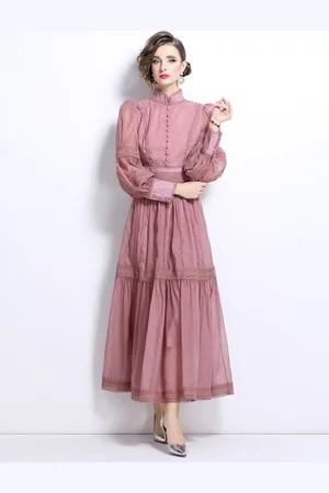 JC Collection Women Mandarin Collar Cuffed Sleeves Maxi Dress