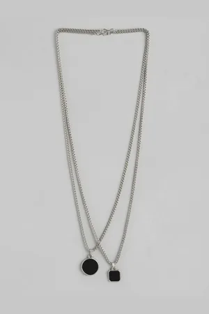 PARIS HAMILTON Set Of 2 Unisex Silver-Plated Geometric Stone Studded Pendants with Chains