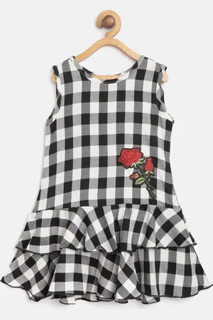 pspeaches Girls Black & White Checked Layered Drop-Waist Dress