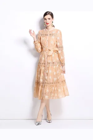 JC Collection Women Mandarin Collar Floral Embroidered Fit & Flare Midi Dress