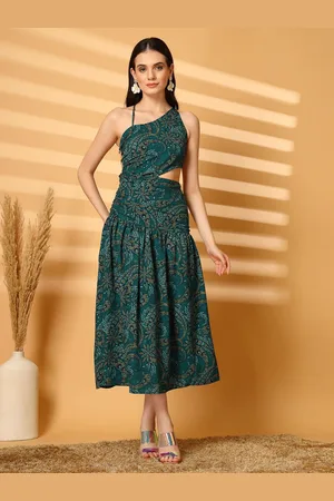 Aayu Printed Asymmetric Neck Sleeveless Cut-Outs Fit and Flare Midi Dress