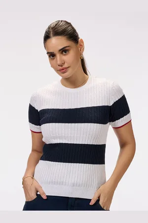 Bombay High Women Regular Fit Cable Knit Striped Cotton Top