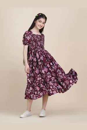 DEKLOOK Girls Floral printed Puff Sleeve Fit & Flare Dress